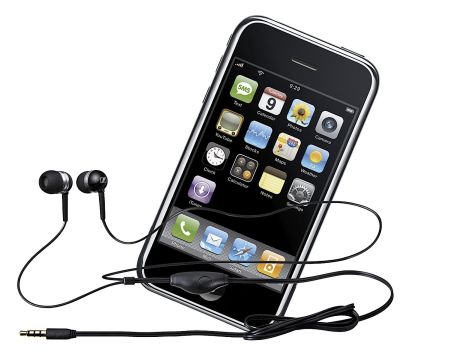 Sennheiser M 50 iP headset plugged into an Apple iPhone