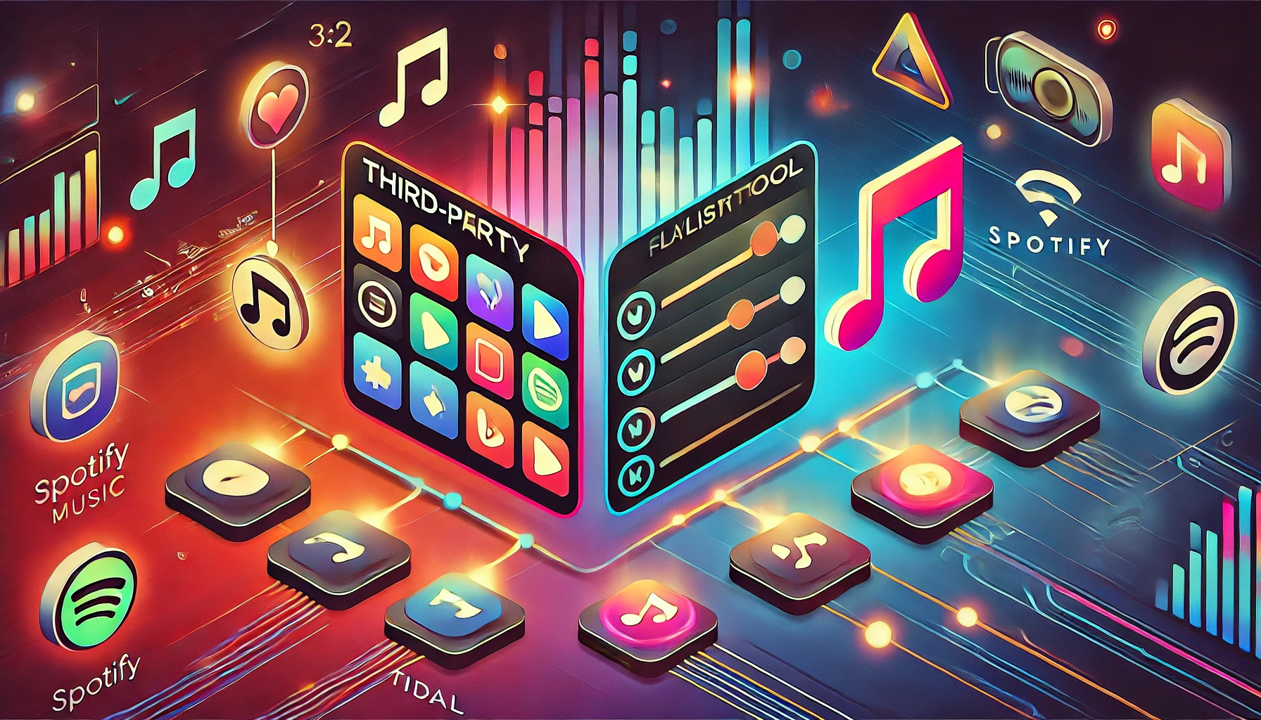 A vibrant illustration comparing third party playlist transfer tools side by side The image features a modern interface style layout with icons r A Vibrant Illustration Comparing Third Party Playlist Transfer Tools Side By Side The Image Features A Modern Interface Style Layout With Icons R